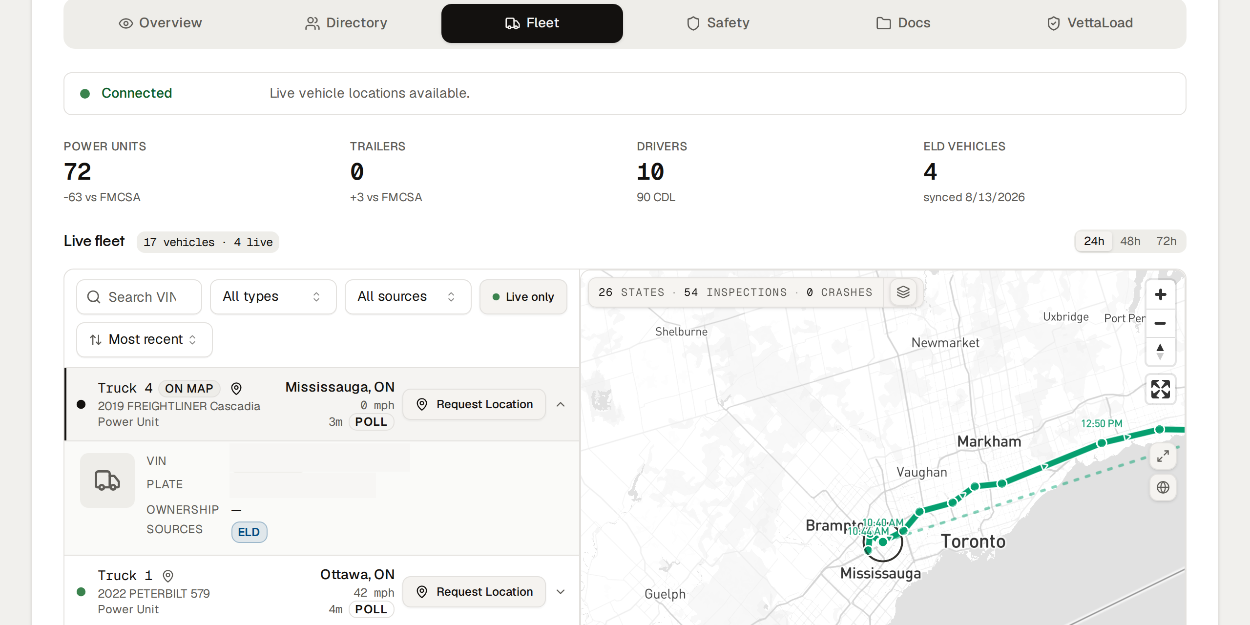 Live ELD fleet with a selected truck and breadcrumb trail across the Toronto area.