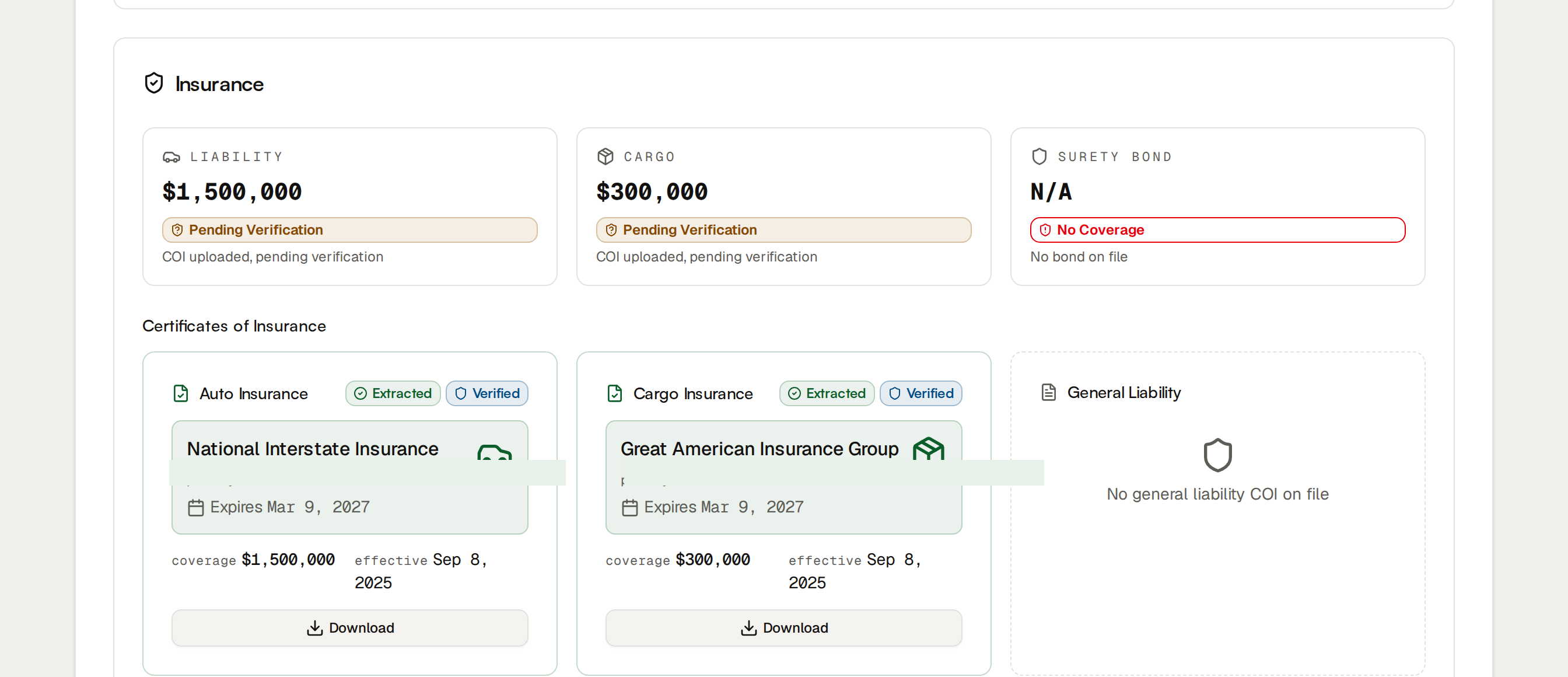 Insurance panel showing auto and cargo certificates extracted from the insurer, with coverage amounts and expiration dates.