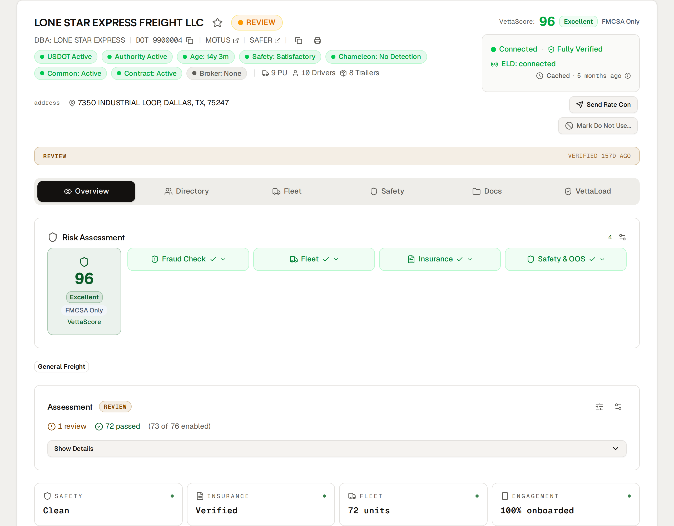Carrier workspace showing FMCSA authority, Dallas address, ELD connection, a VettaScore of 96, and passed assessment criteria.