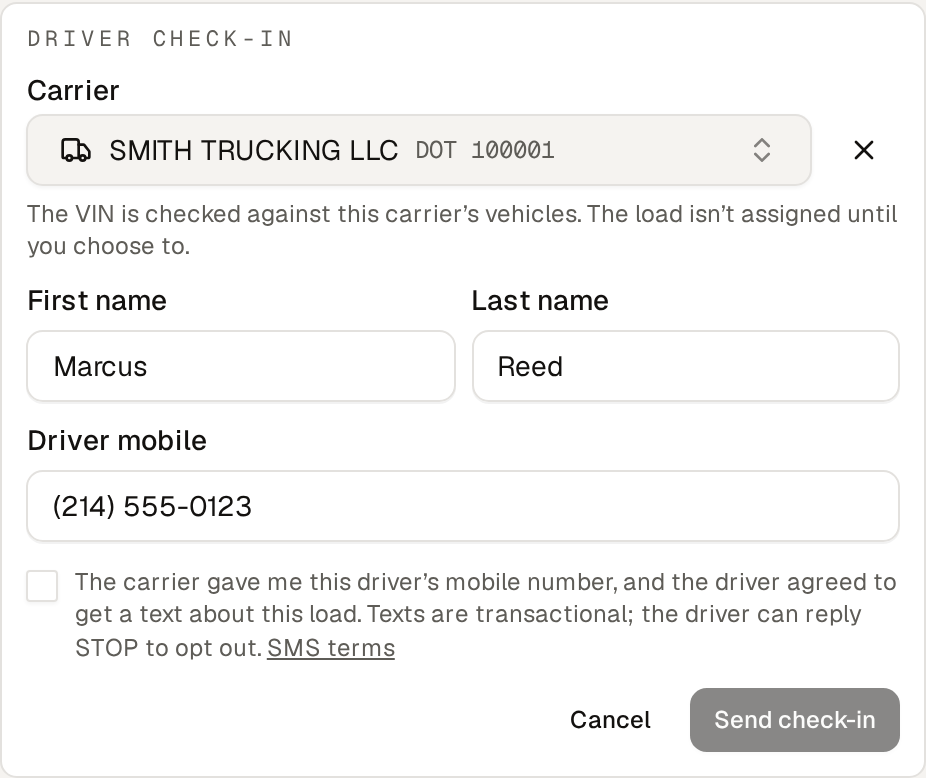 The VettaVerify Send check-in form: carrier, driver first and last name, driver mobile, and an unchecked consent box that reads: The carrier gave me this driver's mobile number, and the driver agreed to get a text about this load. Texts are transactional; the driver can reply STOP to opt out.